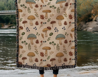 Cottagecore Mushroom Pattern Cotton Woven Blanket | Vintage Botanical Mushroom Pattern Home Decor | Whimsical Fungi Throw