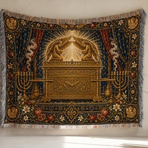 Manta tecida com a Arca da Aliança, tapeçaria bíblica com anjo dourado, cena sagrada do Templo com menorá, presente religioso cristão para pendurar na parede.