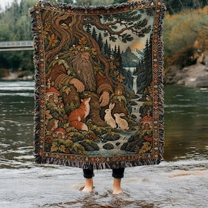 Forest Guardian Woven Blanket, Fox Rabbit Tapestry Throw, Woodland Giant Wall Hanging, Enchanted Mushroom Fantasy Art Nature Home Decor Gift