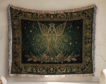 Angel Mosaic Cotton Woven Blanket, Haloed Angel Tapestry Throw, Christian Religious Sacred Wall Decor Gift