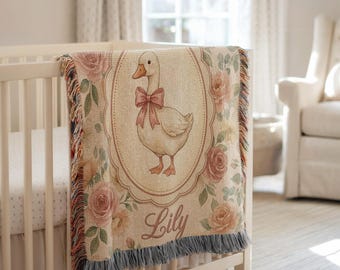 Personalized Goose Baby Blanket | Floral Cottagecore Woven Throw