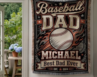 Coperta tessuta personalizzata per papà appassionato di baseball, coperta con motivo a fiamme, regalo personalizzato con nome per papà, coperta per papà sportivo