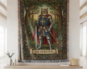 Personalizable Medieval Cat Knight Tapestry Woven Blanket | Heraldic Crusader Cat Throw