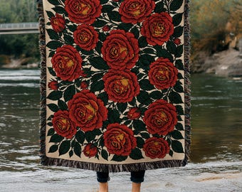 Coperta tradizionale con rose intrecciate, coperta con motivi tattoo flash, arazzo vintage con rose in stile tattoo, coperta da picnic in cotone, coperta con motivi tattoo old school