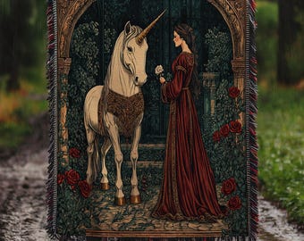Coperta tessuta con dama e unicorno, arazzo medievale con dama, decorazione murale fantasy con unicorno, idea regalo, decorazione stravagante per la casa