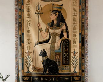 Custom Ancient Egyptian Goddess Woven Blanket, Cleopatra Queen Throw, Pharaoh Hieroglyphic Tapestry Blanket, Cleopatra Inspired Throw