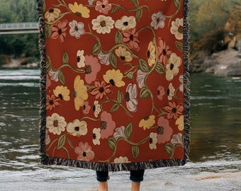 Piano Music Woven Blanket, Floral Throw Blanket, Fringed Edge Home Decor, Musician Gift