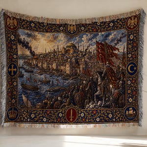 Manta tejida del asedio de Constantinopla, tapiz medieval del ejército otomano, escena de batalla del puerto de la ciudad bizantina, regalo histórico para colgar en la pared.