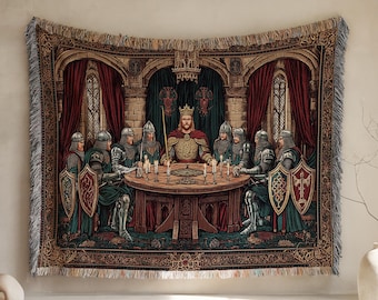Coperta tessuta con la Tavola Rotonda di Re Artù, coperta medievale con cavalieri, arazzo con la leggenda arturiana, decorazione fantasy con castello medievale.