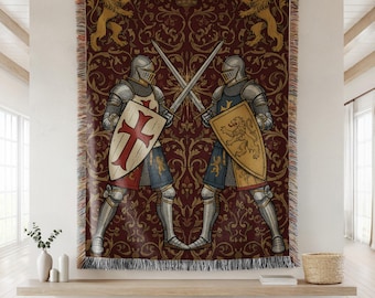Manta tejida con tapiz de caballeros medievales, escudo heráldico, espadas, duelo de cruzados, manta artística de caballeros templarios, decoración religiosa