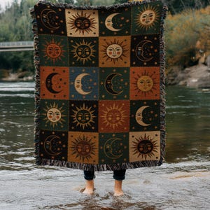 Celestial Patchwork Woven Blanket, Sun and Moon Star Tapestry Throw, Rustic Folk Art Quilt Pattern, Boho Astrology Wall Hanging Decor Gift