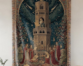 Arazzo medievale con torre astrologica e mago celeste, coperta tessuta, decorazione astronomica gotica, plaid in stile manoscritto vintage, arte mistica da biblioteca.