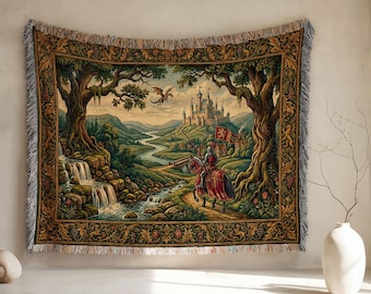 Arazzo/Coperta con motivo castello medievale e scena di cavalieri