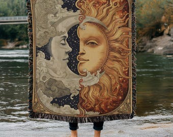 Coperta intrecciata con motivo Sole e Luna Celesti, arazzo zodiacale da strega, regalo per la casa in stile dark academia, etereo arazzo di cotone da strega