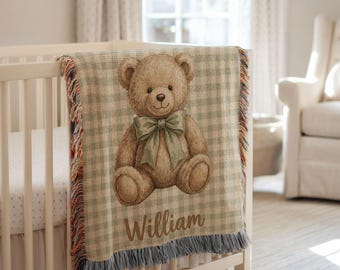 Coperta tessuta con nome personalizzato per neonato / Coperta personalizzata con orsetto / Decorazione per cameretta a quadretti / Coperta con nome per neonato / Ricordo per neonato