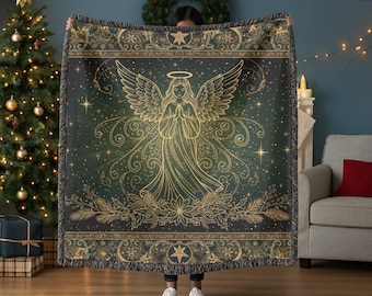 Angel Mosaic Cotton Woven Blanket | Haloed Angel Tapestry Throw