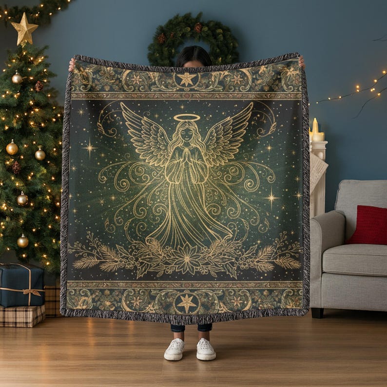 Manta tejida de algodón con mosaico de ángel / Manta de tapiz de ángel con halo imagen 1