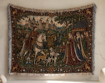 Medieval Castle Knights Woven Blanket, Misty Fortress Landscape