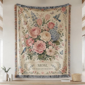 Coperta tessuta con bouquet floreale per la mamma, arazzo da giardino per la festa della mamma, coperta con peonie rosa e farfalle, arazzo con natura e animali, regalo per la mamma