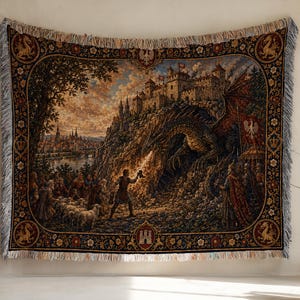 May include: A woven tapestry blanket featuring a detailed scene of a person facing a dragon near a castle on a cliff. The border includes golden dragon motifs and floral patterns. The scene depicts a landscape with a city, sheep, and a person holding an object toward the dragon. The edges have a fringed finish.