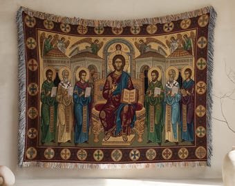 Coperta tessuta con icone di santi bizantini, arazzo con icone di santi ortodossi, 100% cotone, decorazione cristiana.