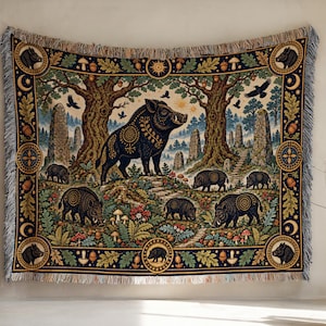 Wild Boar Woven Blanket, Celtic Forest Tapestry Throw, Woodland Folk Art Wall Hanging, Ancient Oaks Wildlife Mystical Nature Home Decor Gift