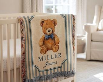 Copertina per neonato personalizzata con orsetto di peluche, coperta tessuta personalizzata per la cameretta, regalo per baby shower, ricordo del neonato