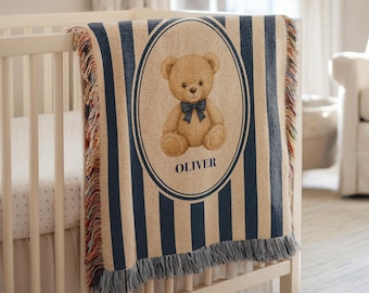 Coperta tessuta personalizzata con orsetto a righe, coperta in cotone per la cameretta del bambino, regalo personalizzato per baby shower con nome, ricordo del neonato, decorazione per la cameretta.