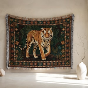 Vintage Tiger Woven Blanket, Tiger Tapestry Throw, Boho Wildlife Animal Wall Hanging Decor, Year of the Tiger Dark Academia Gift