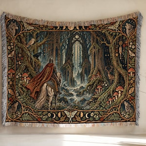 Enchanted Forest Knight Woven Blanket, Moonlit Woodland Tapestry Throw, Medieval Fantasy Folk Art Wall Hanging, Gothic Nature Home Decor Art