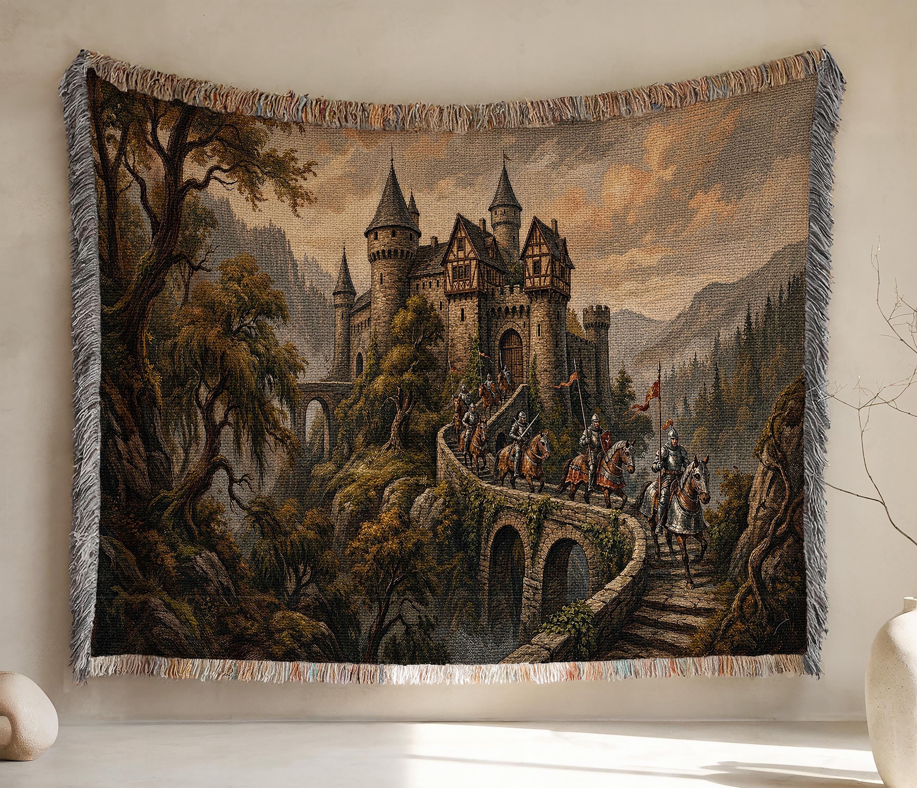 Medieval Castle Knights Woven Blanket, Misty Fortress Landscape