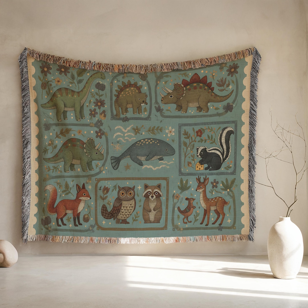 Vintage Playful Dinosaurs and Other Animals Patchwork Woven Blanket ...