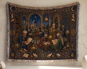 May include: A woven tapestry featuring a detailed scene of scholars in a library with books, globes, and lanterns. The design includes a night sky with a crescent moon, stars, and a mosque in the background, framed by an ornate border with owls.