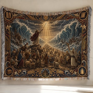 May include: A rectangular woven tapestry featuring a detailed scene of the parting of the Red Sea. A central figure holds a staff toward a bright light as waves rise on both sides. The border includes ornate gold, blue, and red floral patterns.