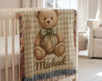 Custom Baby Name Woven Blanket | Teddy Bear Personalized Throw | Gingham Nursery Decor Baby Name Blanket | Newborn Keepsake