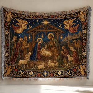 Nativity Woven Blanket, Mary and Baby Jesus Tapestry Throw, Medieval Christmas Scene with Joseph Shepherds and Wise Men, Christian Wall Art