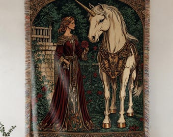 Coperta tessuta con dama medievale e unicorno, arazzo fantasy, regalo per la casa in stile cottagecore con unicorno, decorazione murale fantasy medievale