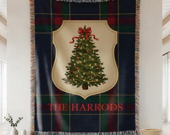 Personalized Christmas Family Woven Blanket, Custom Name Holiday Tree Throw, Tartan Plaid Decor, Cozy Winter Keepsake Decor Gift