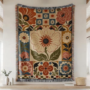 Retro Floral Patchwork Woven Blanket, Folk Art Flower Tapestry Throw, Vintage Botanical Tile Pattern, Boho Cottagecore Wall Hanging Gift