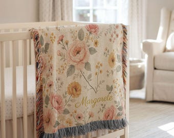 Copertina per neonato personalizzata con motivo floreale / Decorazione per la cameretta in cotone intrecciato