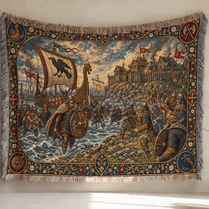 May include: A woven tapestry featuring a detailed scene of Viking warriors landing on a rocky shore near a fortress. The design includes longships with raven sails, soldiers with round shields, and a decorative border with floral and weapon motifs.