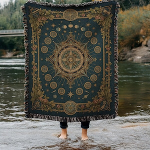 Manta tejida del zodíaco celestial, tapiz con brújula astrológica, tapiz de pared de arte popular con fases lunares, decoración mística botánica celestial para el hogar.