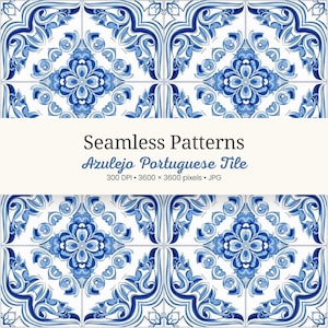 Könnte beinhalten: Nahtloses Muster aus blau-weißen Azulejo-portugiesischen Fliesen. Das Design zeigt florale und geometrische Motive, mit dem Text "Seamless Patterns Azulejo Portuguese Tile" in der Mitte.