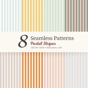 May include: Eight seamless pastel stripe patterns in various colors, including blue, yellow, green, pink, and orange. The image includes the text "8 Seamless Patterns Pastel Stripes". The patterns are 5000 x 5000 pixels.
