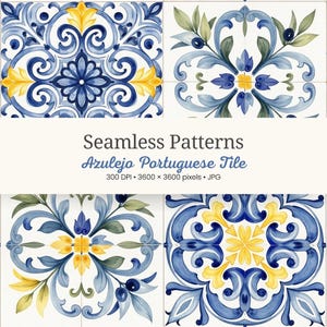 May include: Four square tiles with a seamless pattern of blue, yellow, and green floral designs. The text "Seamless Patterns Azulejo Portuguese Tile" is displayed in the center of the image.
