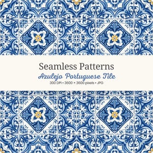 Pode incluir: Padrão sem costura de azulejos portugueses azuis e brancos com um design floral. Os azulejos apresentam um padrão repetitivo com uma flor amarela central. O texto "Seamless Patterns Azulejo Portuguese Tile" é exibido.
