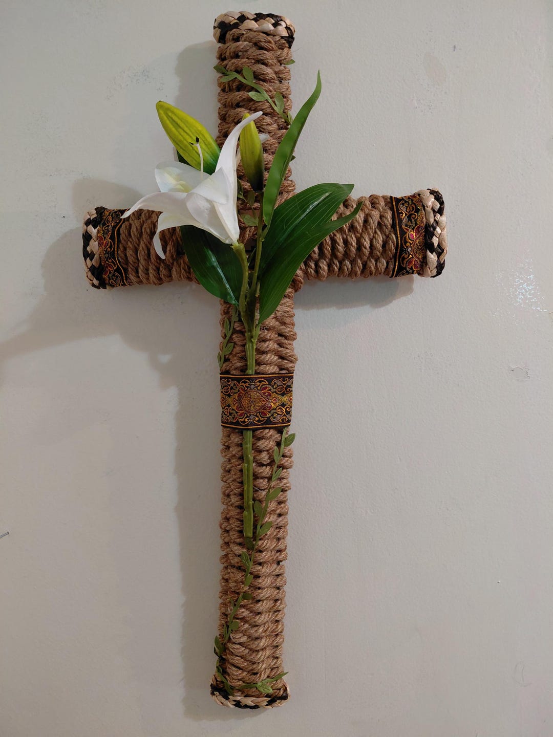 Brown Rope Cross Pattern Brown Woven Rope Cross With Lilies and Decorative Accents – Rustic Wall ...