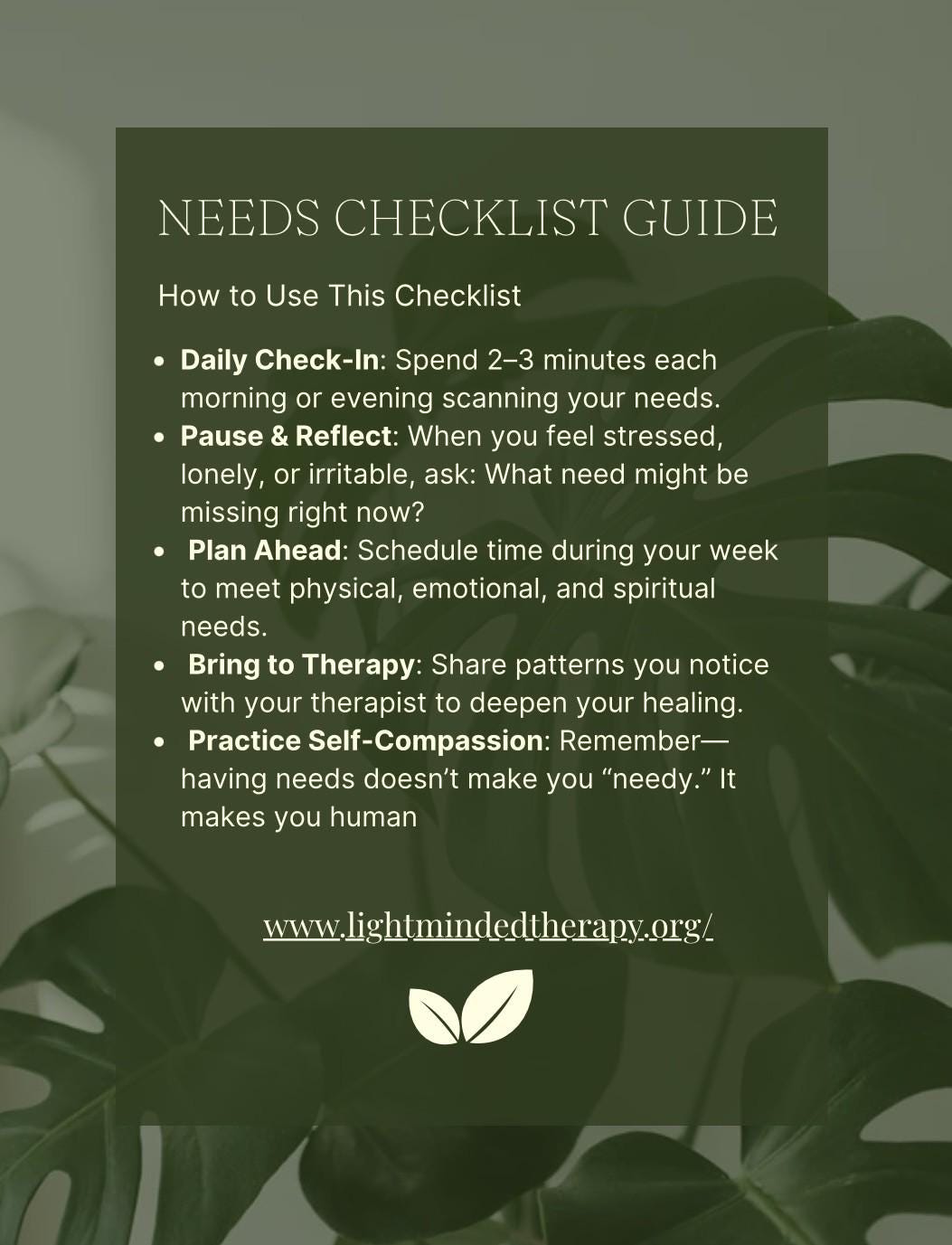 Needs Checklist | Self-care Needs List|mental Health Printable ...