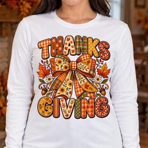 Comfort Colors Thanksgiving Long Sleeve Shirt for Women, Coquette Patchwork Bow