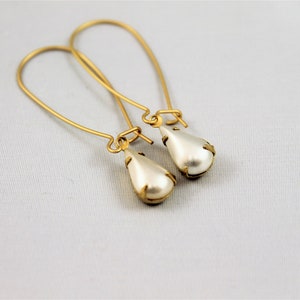 Matte gold pearl earrings teardrops matte gold kidney wires wedding bridesmaid opaque glass vintage brass settings minimalist modern vintage